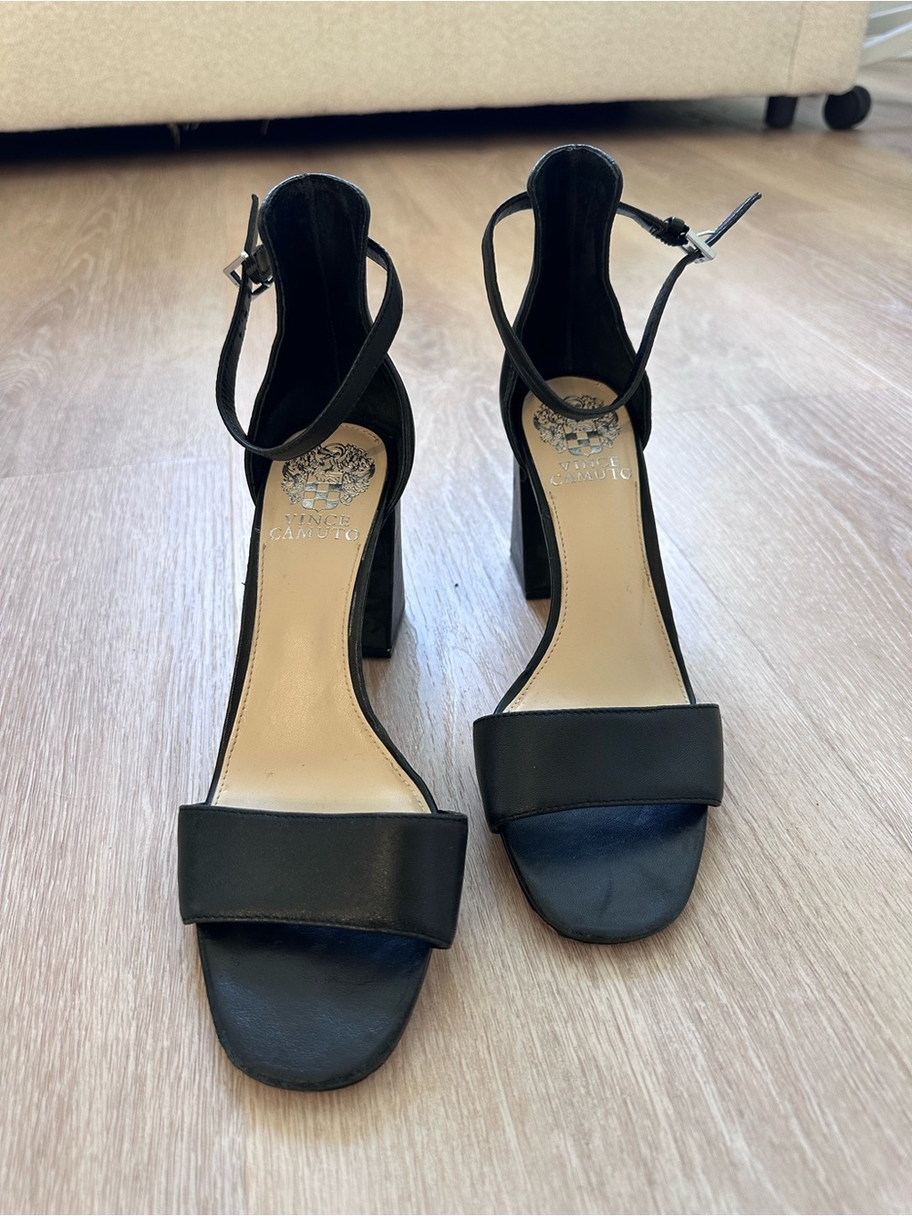 Vince Camuto Black Leather Ankle-Strap Block Heels
